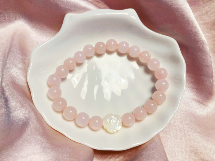 Rose Quartz & Mother of Pearl Rose Bracelet – Handcrafted, Feminine Design, Polished Beads - Image 2