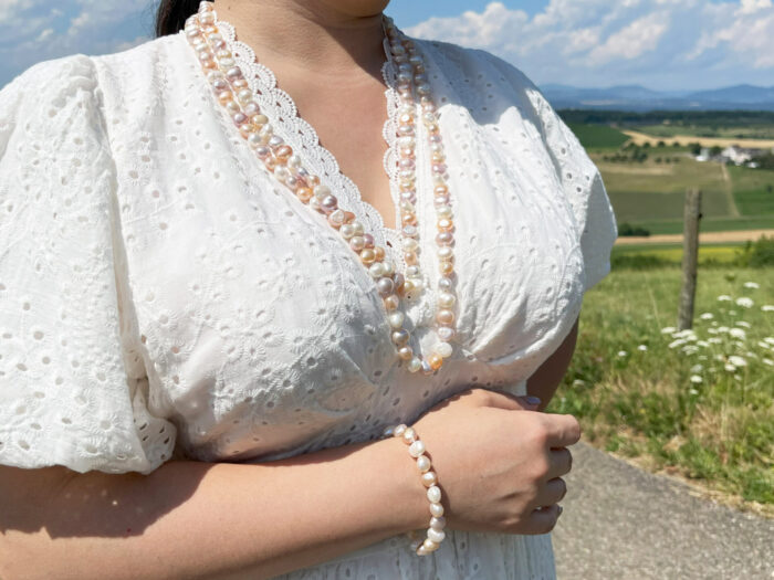 White, Pink, and Orange Natural Pearls Bracelet and Necklace Set (150cm & 18cm)) – Bild 1