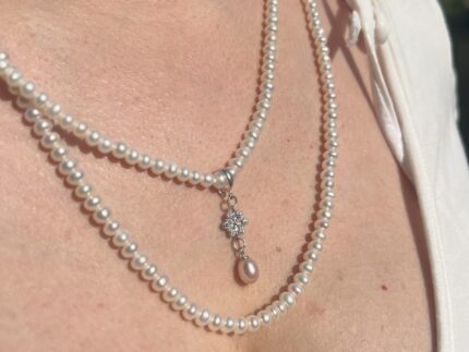 Sparkling Snow Necklace and Earrings Set with 3mm Natural Pearls Necklace