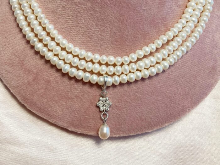 Sparkling Snow Necklace and Earrings Set with 3mm Natural Pearls Necklace - Image 3