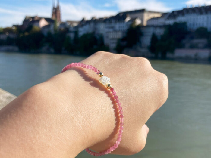 Natural Pink Tourmaline Bracelet with Mother of Pearl Rose – Handcrafted Gemstone Jewelry - Image 1