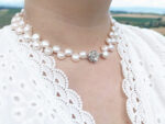 Double-Strand Natural White Freshwater Pearl Necklace 41cm – 9mm Beads with Flower S925 Sterling Silver Clip
