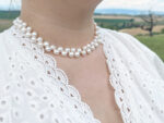 Double-Strand Natural White Freshwater Pearl Necklace 42cm – 8mm Beads with Rose S925 Sterling Silver Clip