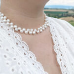 Double-Strand Natural White Freshwater Pearl Necklace 42cm – 8mm Beads with Rose S925 Sterling Silver Clip